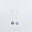 Load image into Gallery viewer, Dangly amethyst gemstones earrings on siver sateliite chain, side view on white background
