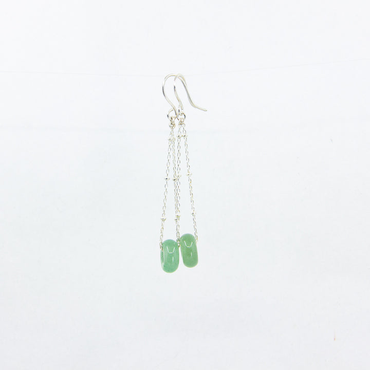 Green aventurine gemstones earrings on silver satellite chain, against a white background