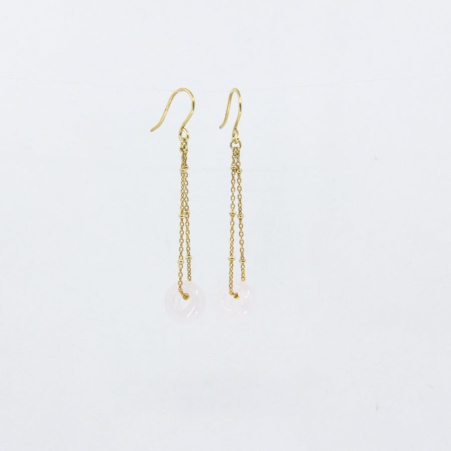 18ct gold-plated dangle earrings with delicate pink gemstones on a white background