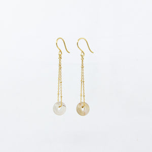 Dangly white agate gemstones earrings on 18ct gold-plated sateliite chain, side view on white background