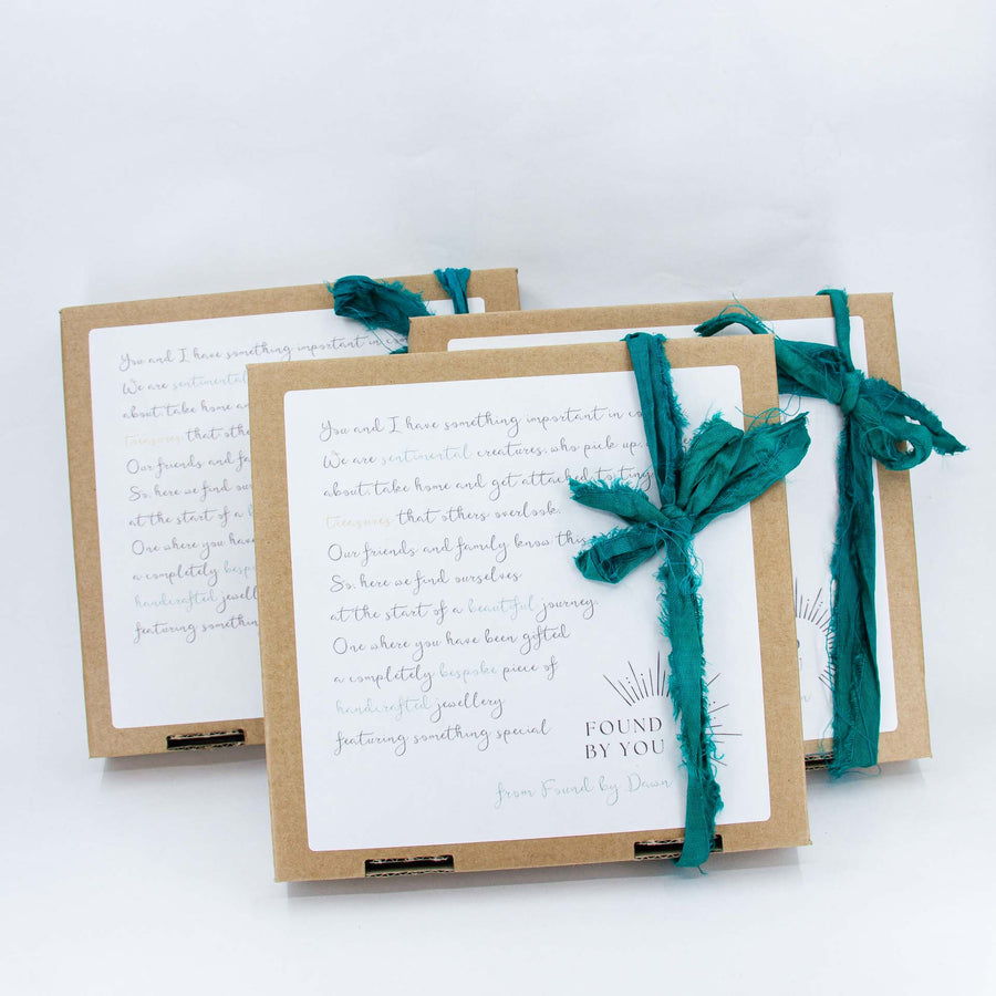 Front of Gift Boxes for Found by You with script on front to explain they have been gifted a piece of artisan fine jewellery