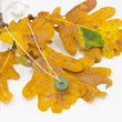 Load image into Gallery viewer, Circle gemstone pendant necklace with silver chain through on yellowed oak leaves
