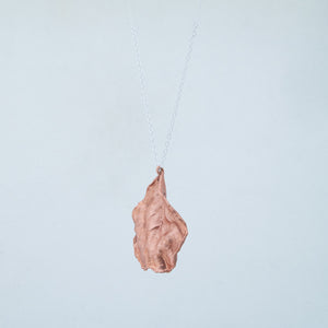 Sideways view of ridged leaf, showing its curves as it hangs from silver chain against white background