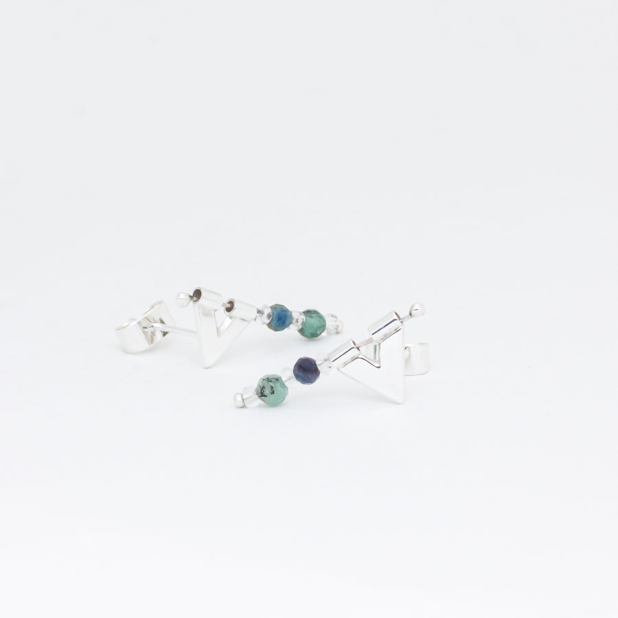 Handmade sterling silver earrings with V charm, tube, headpins and green and blue beads, opposite one another