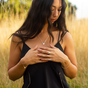 Shot of models waist to forehead wearing Tailwind bracelet and ring, Zephyr necklace and Dancing Kite bangle