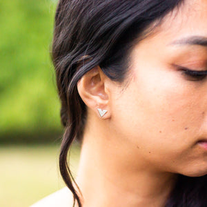 Close up of Slipstream earring in model's ear, with emery paper texture applied