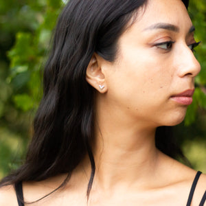 Side shot of model with head turned to right, showing high shine version of Slipstream earring stud