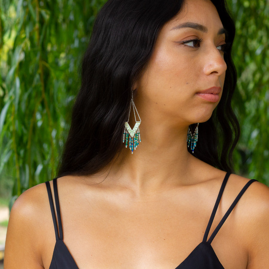 Model turns face towards the right so the Windcharm earrings  can both be seen